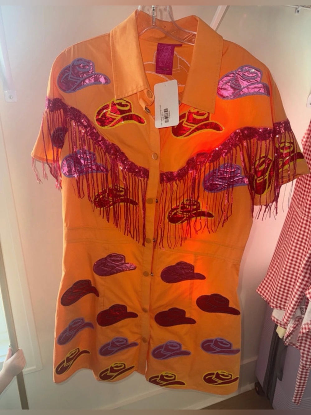 Queen of Sparkle Burnt Orange Fringe Boot/Cowboy Hat Dress L